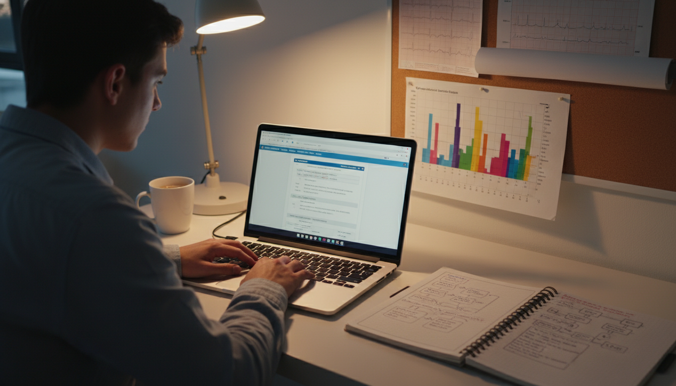 Resident practicing USMLE Step 3 CCS cases on a laptop - med peds residency for USMLE Step 3 Preparation in Medicine-Pediatri