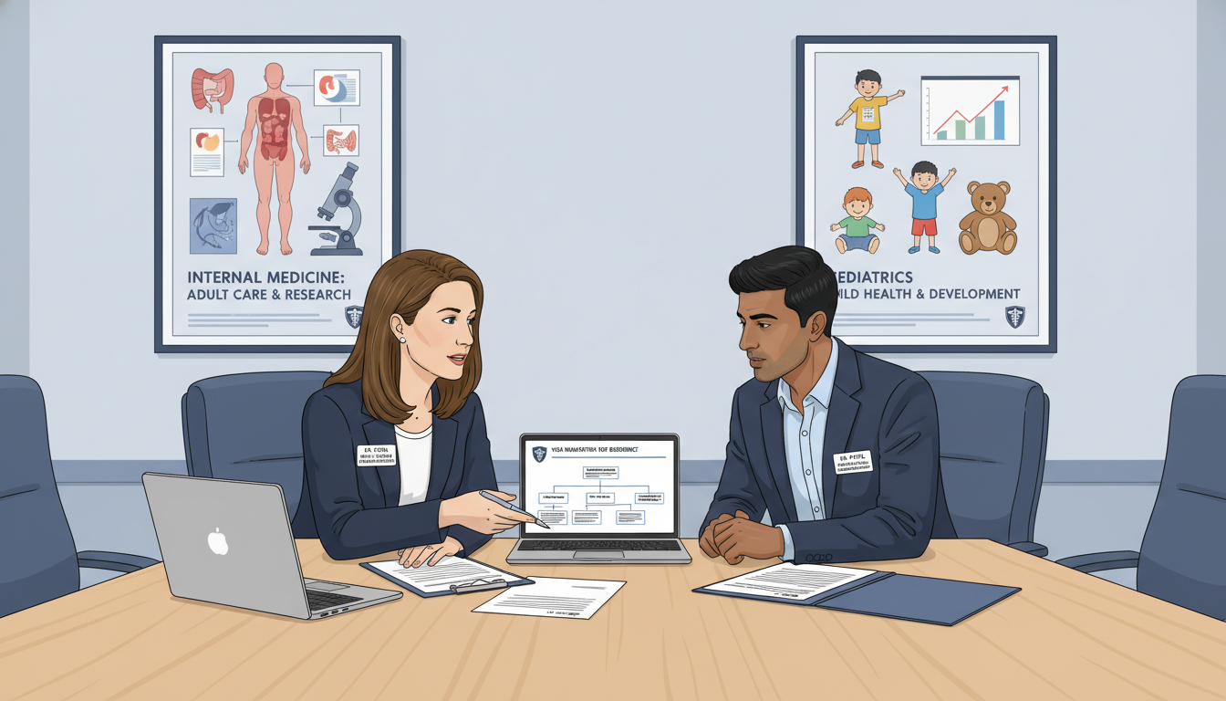 Program director discussing J-1 and H-1B visa pathways with an IMG med-peds applicant Program director discussing J-1 and H-1B visa pathways with an IMG med-peds applicant - med peds residency for Visa Navigatio