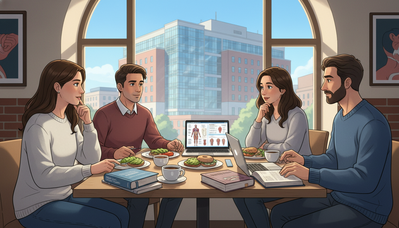 Medicine-Pediatrics residents sharing a meal and discussing work life balance Medicine-Pediatrics residents sharing a meal and discussing work life balance - med peds residency for Managing Residency Wor