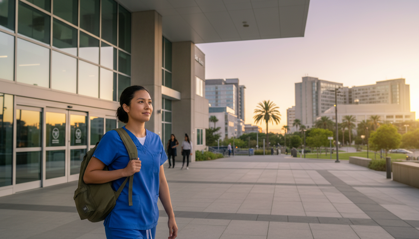 Medicine-Pediatrics resident leaving the hospital at sunset Medicine-Pediatrics resident leaving the hospital at sunset - med peds residency for Work-Life Balance Assessment in Medicine