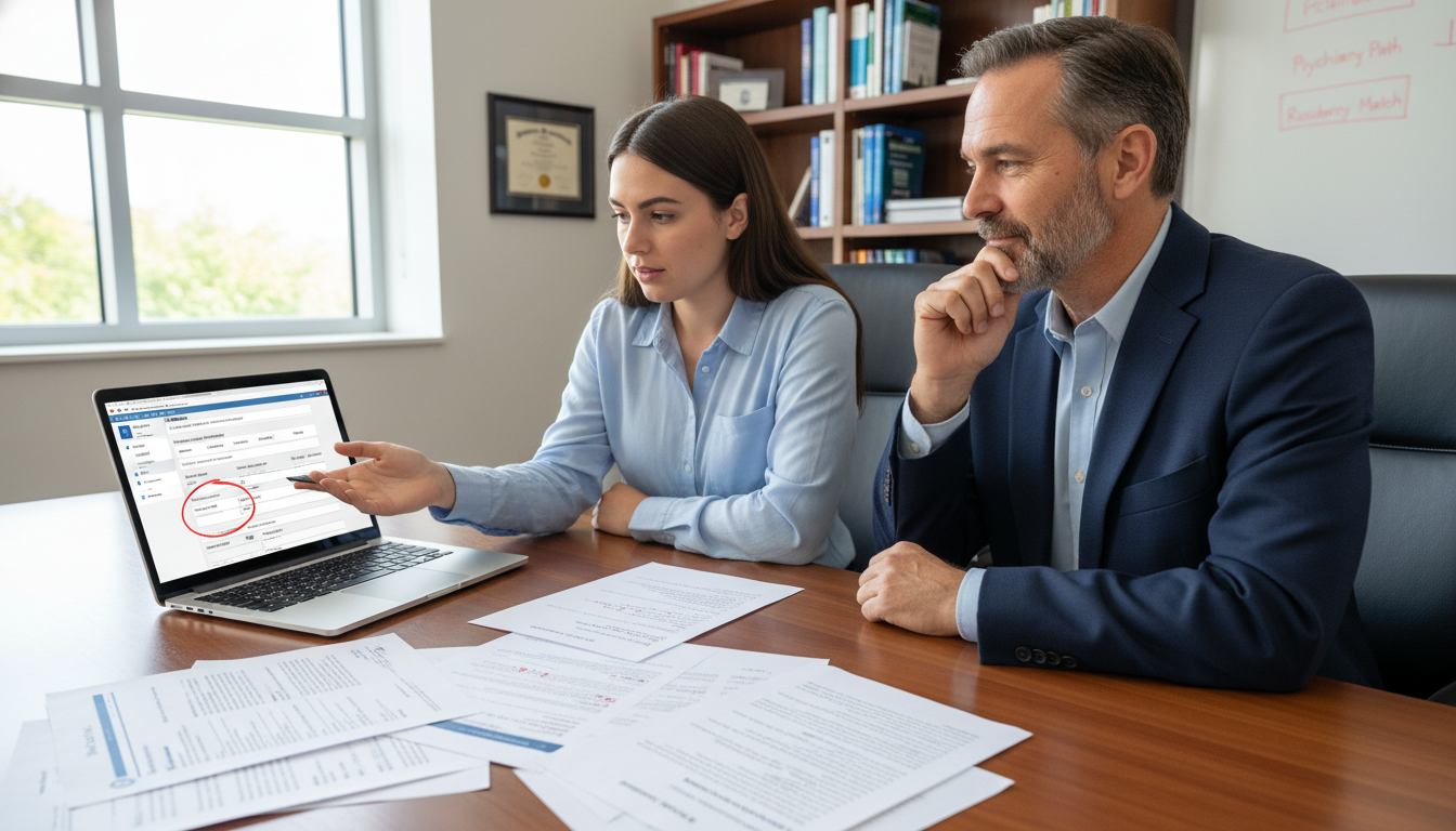 Medical Student in Advising Meeting Reviewing Residency Application Medical Student in Advising Meeting Reviewing Residency Application - med psych residency for Low Step Score Strategies in Me