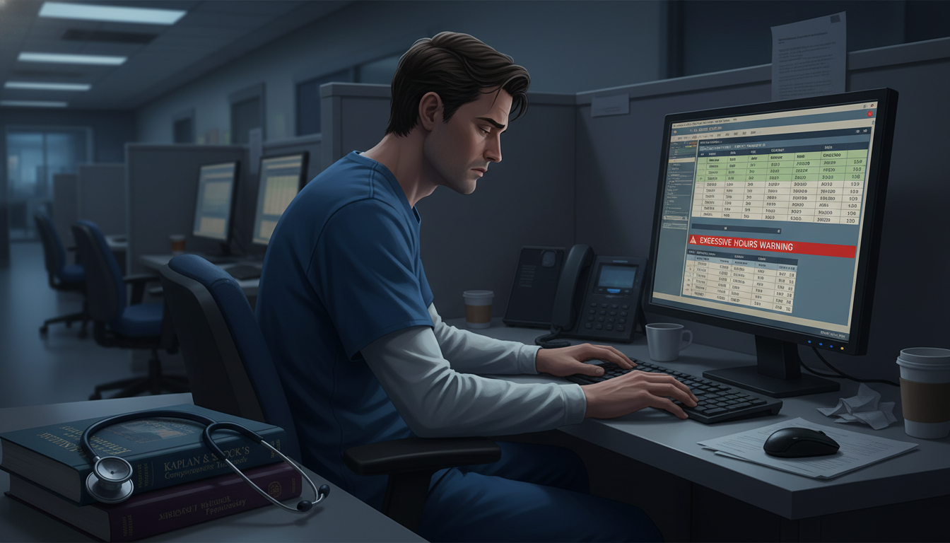 Stressed resident reviewing duty hours late at night Stressed resident reviewing duty hours late at night - med psych residency for Identifying Malignant Programs in Medicine-Psy