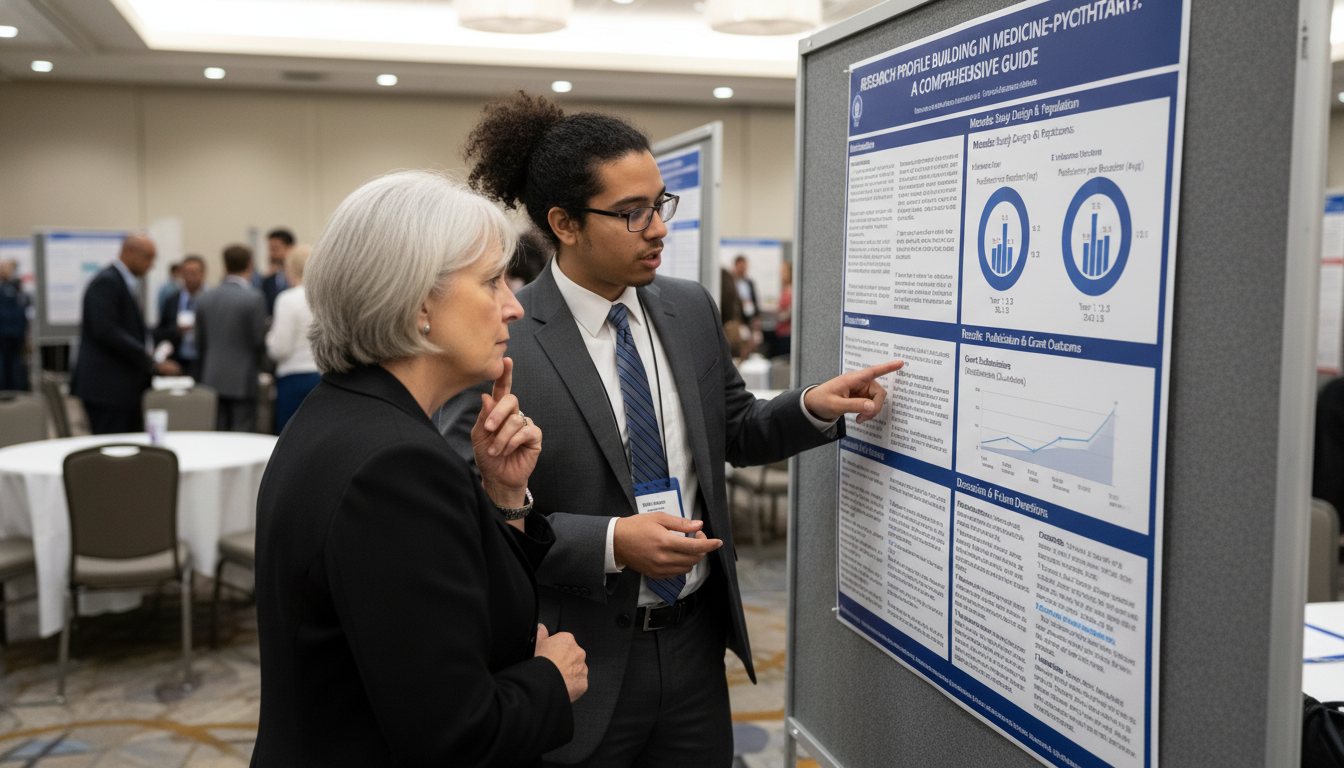 Residents presenting research poster at a medical conference - med psych residency for Research Profile Building in Medicine-