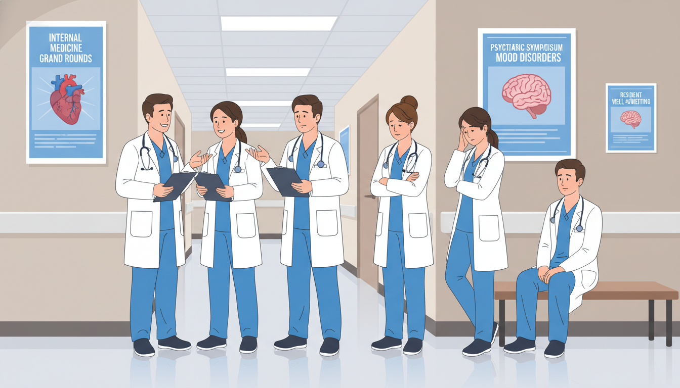 Medicine-Psychiatry residents in a hallway with mixed expressions highlighting differing experiences Medicine-Psychiatry residents in a hallway with mixed expressions highlighting differing experiences - med psych residency fo
