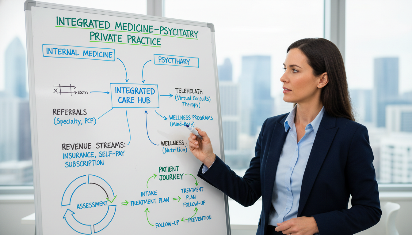 Dual board-certified med-psych physician planning practice model on whiteboard - med psych residency for Starting a Private P