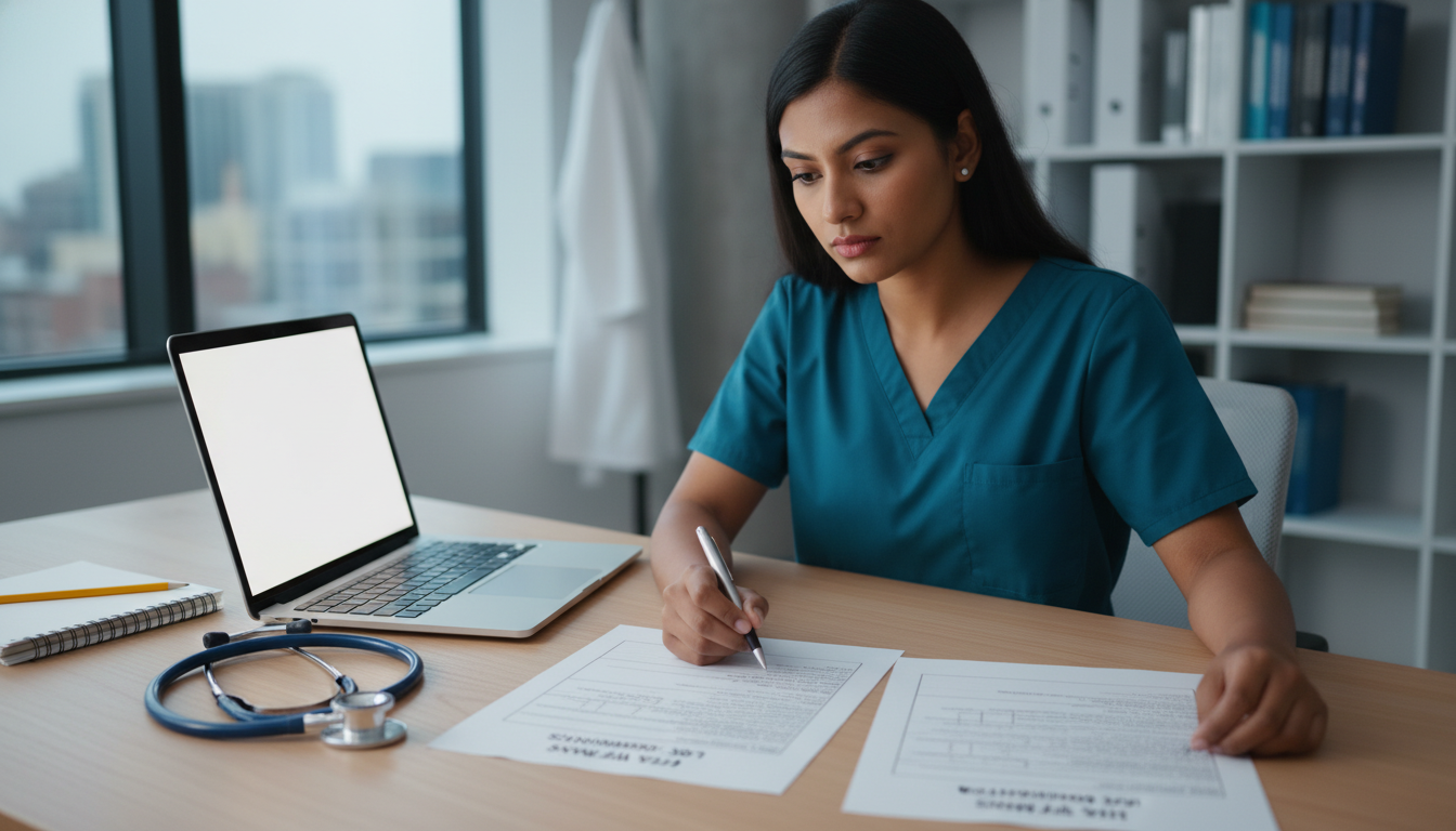 Resident physician reviewing J-1 and H-1B visa documents for medical residency Resident physician reviewing J-1 and H-1B visa documents for medical residency - med psych residency for Visa Navigation for