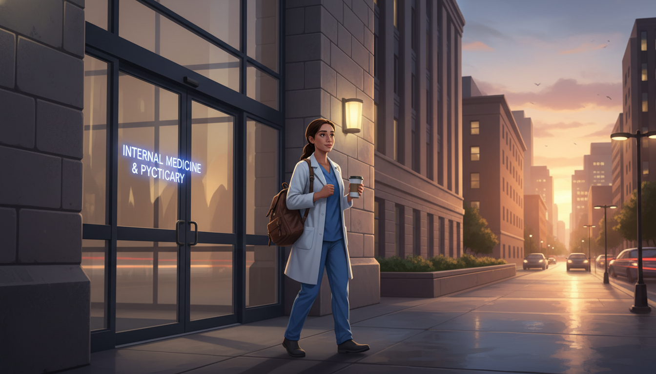 Medicine-psychiatry resident leaving the hospital at dusk Medicine-psychiatry resident leaving the hospital at dusk - med psych residency for Work-Life Balance Assessment in Medicine-