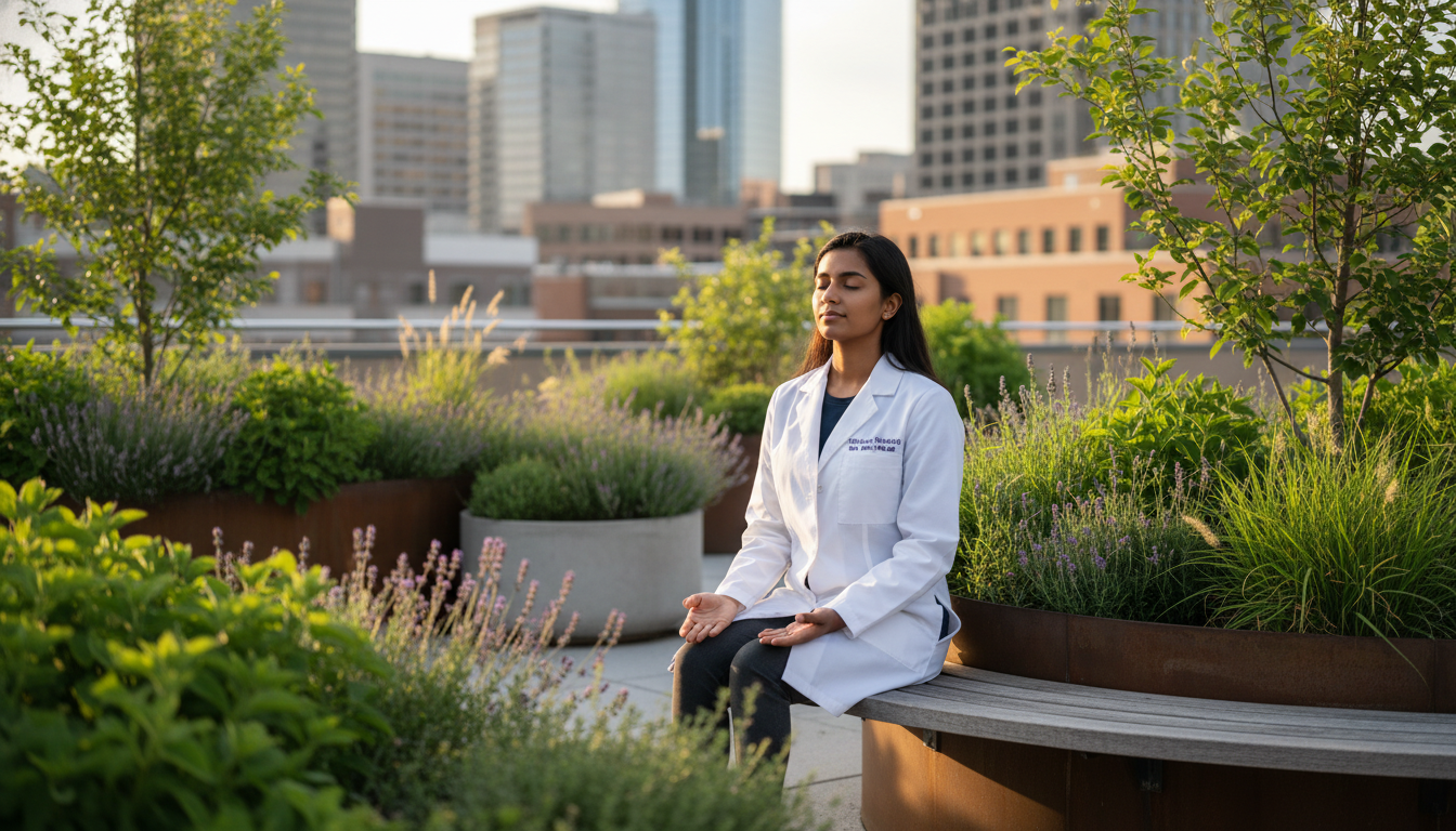 Medical genetics resident practicing mindfulness during a short break Medical genetics resident practicing mindfulness during a short break - medical genetics residency for Residency Burnout Prev