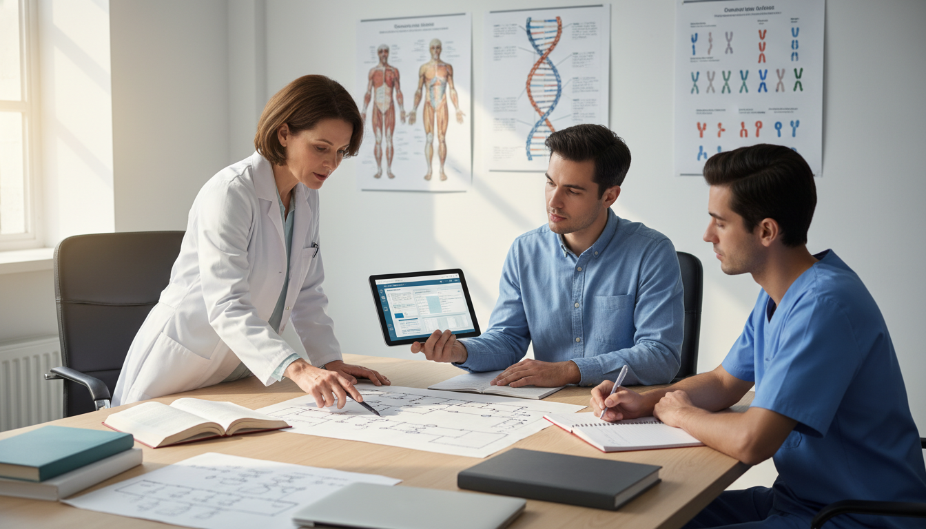 Genetics team reviewing a three-generation family pedigree with a medical student Genetics team reviewing a three-generation family pedigree with a medical student - medical genetics residency for Excelling
