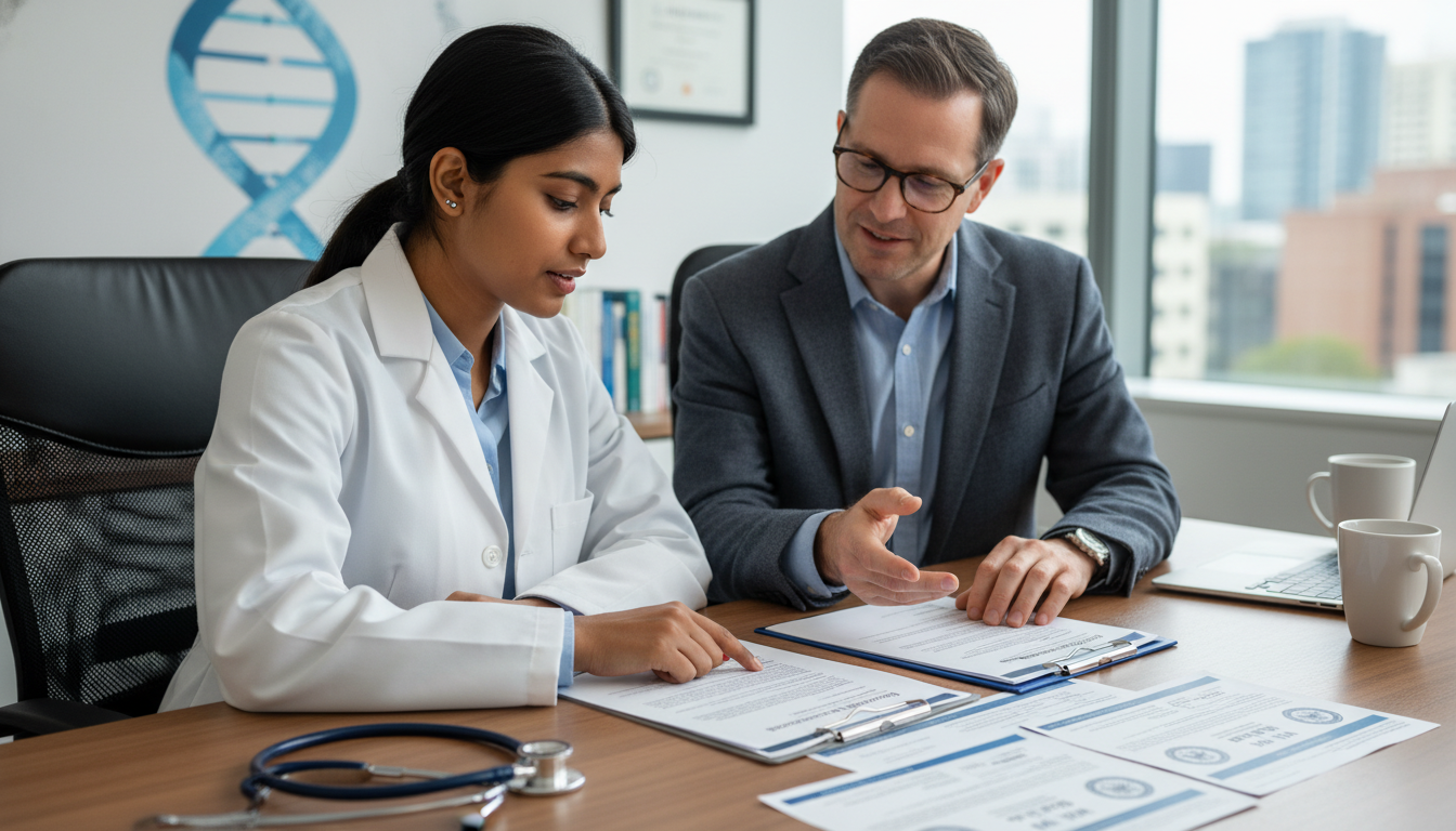 International medical graduate discussing visa options with program coordinator International medical graduate discussing visa options with program coordinator - medical genetics residency for H-1B Sponsor