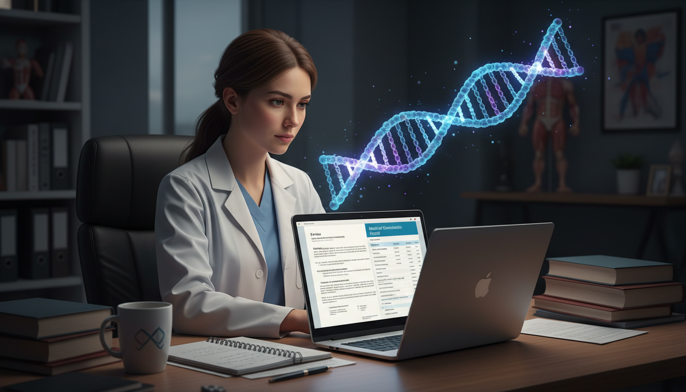 Resident physician studying genetics and visa regulations on a laptop Resident physician studying genetics and visa regulations on a laptop - medical genetics residency for H-1B Sponsorship Progr