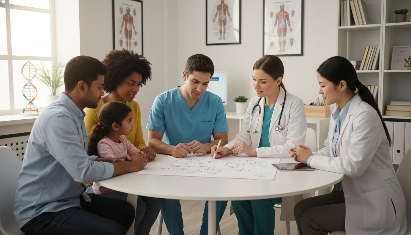 Medical genetics team counseling a family using a pedigree chart - medical genetics residency for Common Interview Questions