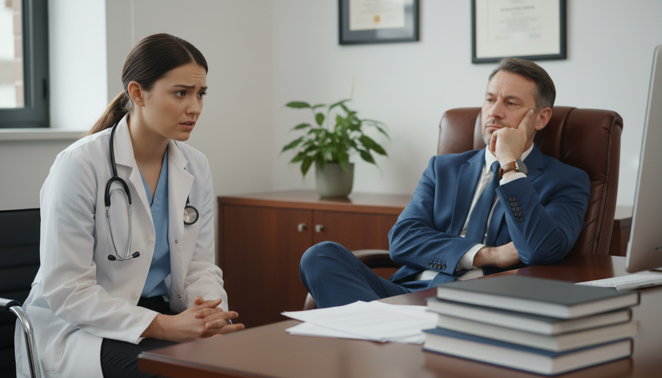 Resident discussing concerns with a program director in a clinical office Resident discussing concerns with a program director in a clinical office - medical genetics residency for Identifying Malign