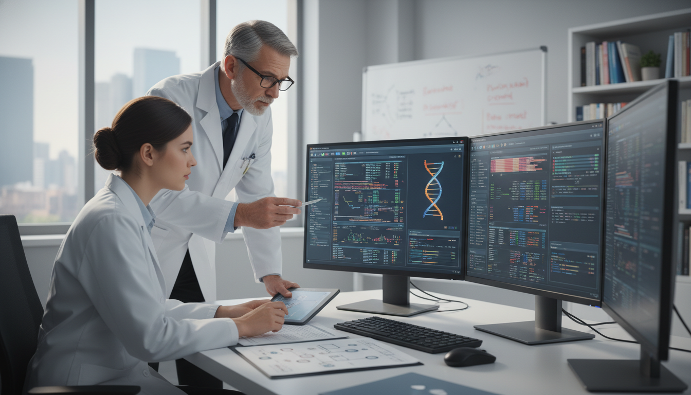 Medical genetics resident reviewing genomic data with mentor - medical genetics residency for Physician Salary by Specialty i