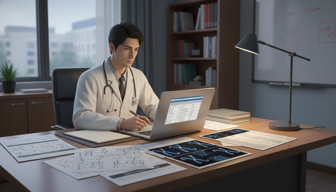 Resident reviewing genetic pedigrees and laboratory results Resident reviewing genetic pedigrees and laboratory results - medical genetics residency for Pre-Interview Preparation in Med