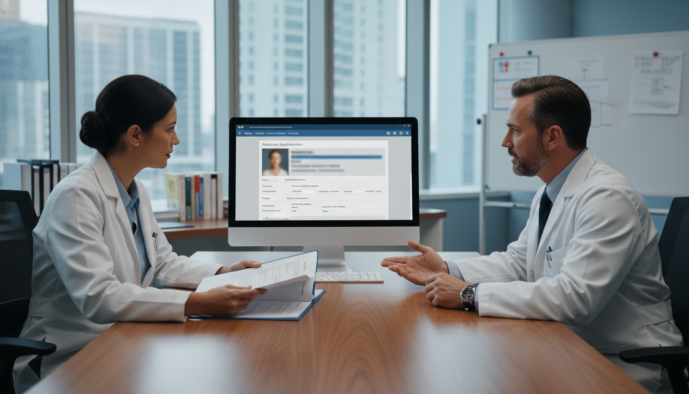 Medical genetics faculty and resident discussing an applicant file Medical genetics faculty and resident discussing an applicant file - medical genetics residency for Pre-Match Communication i
