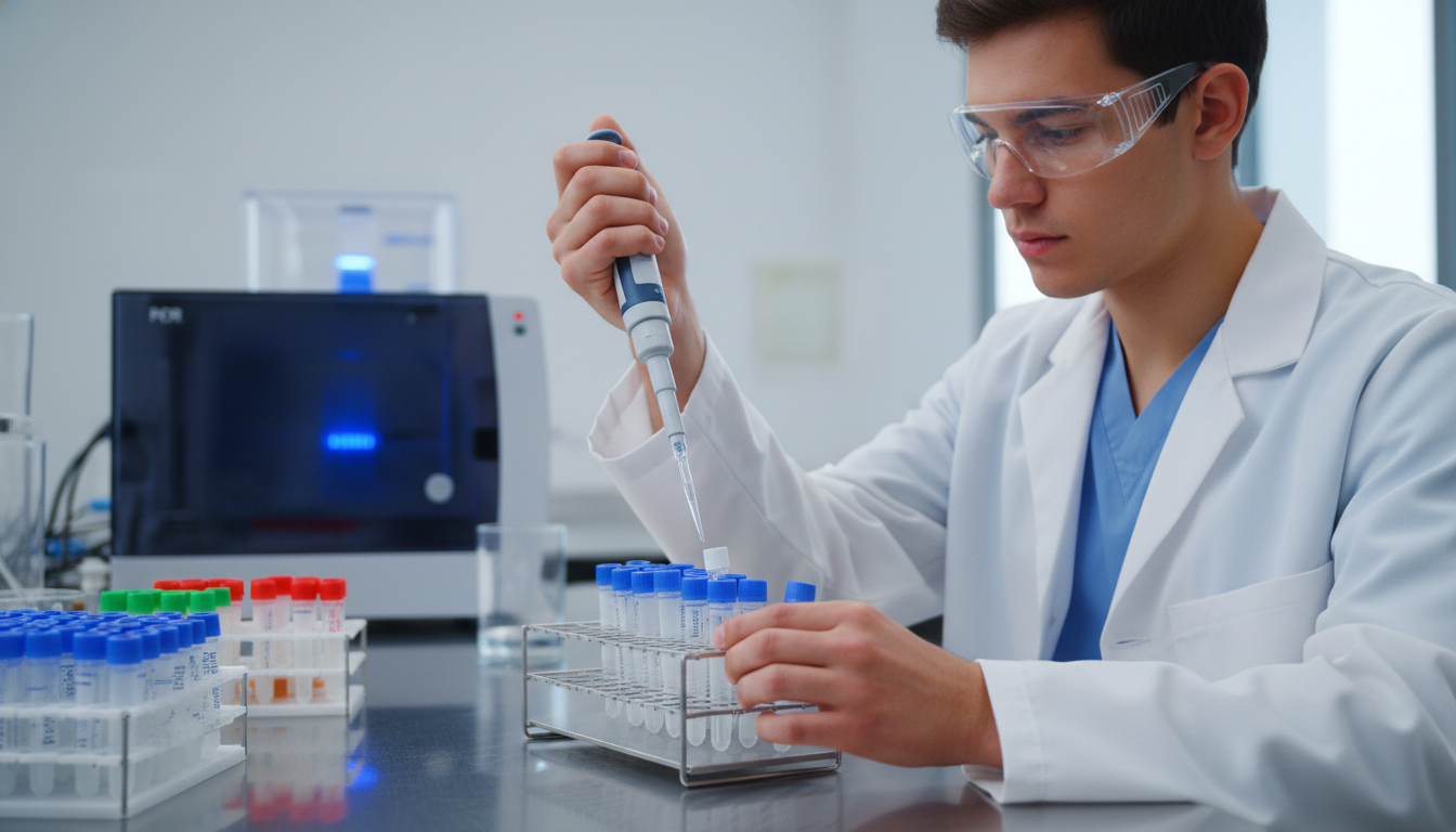 Student in genetics lab pipetting DNA samples Student in genetics lab pipetting DNA samples - medical genetics residency for Pre-Med Preparation in Medical Genetics: A Com