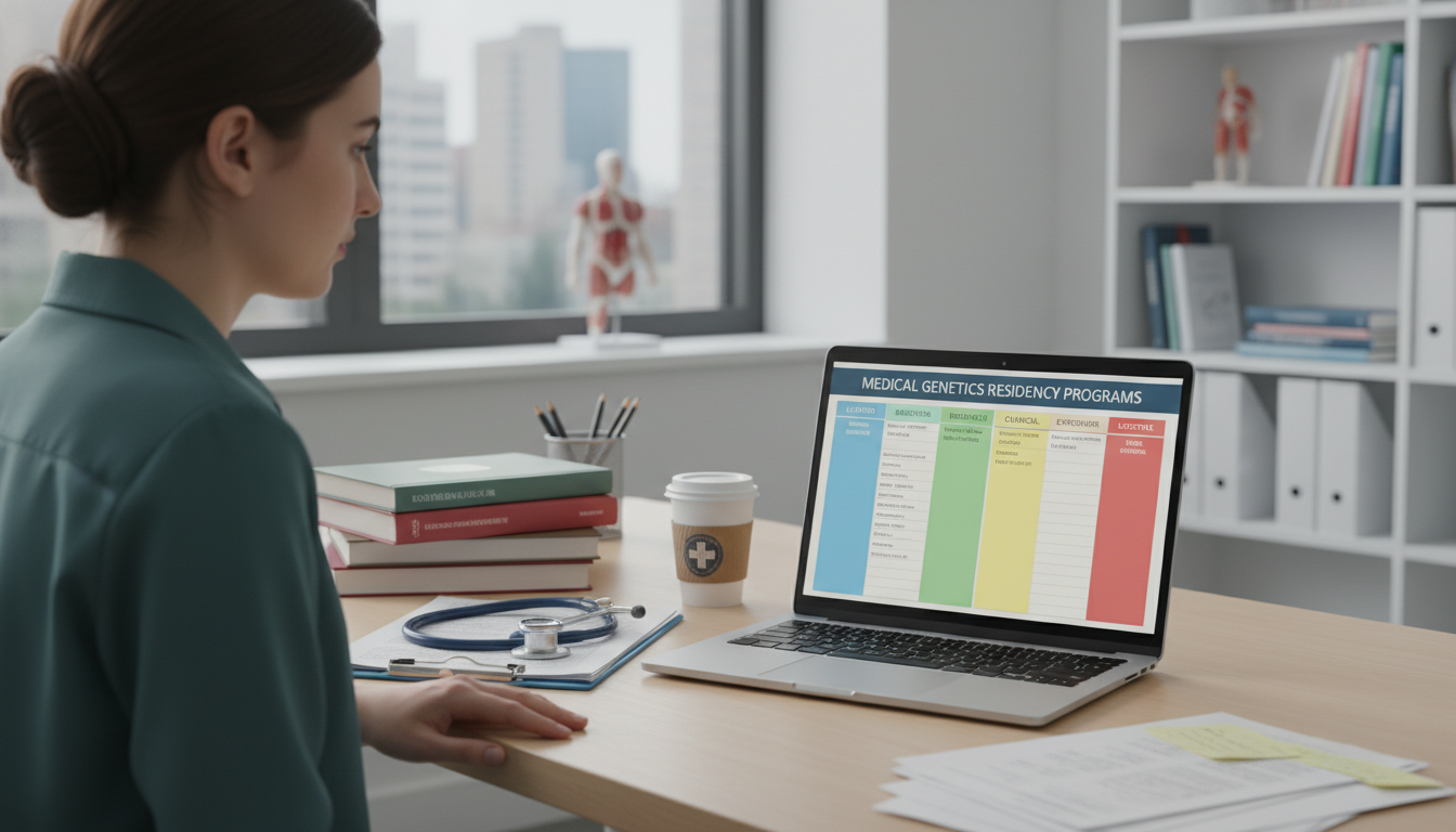 Resident comparing medical genetics residency programs on a laptop - medical genetics residency for Program Selection Strateg