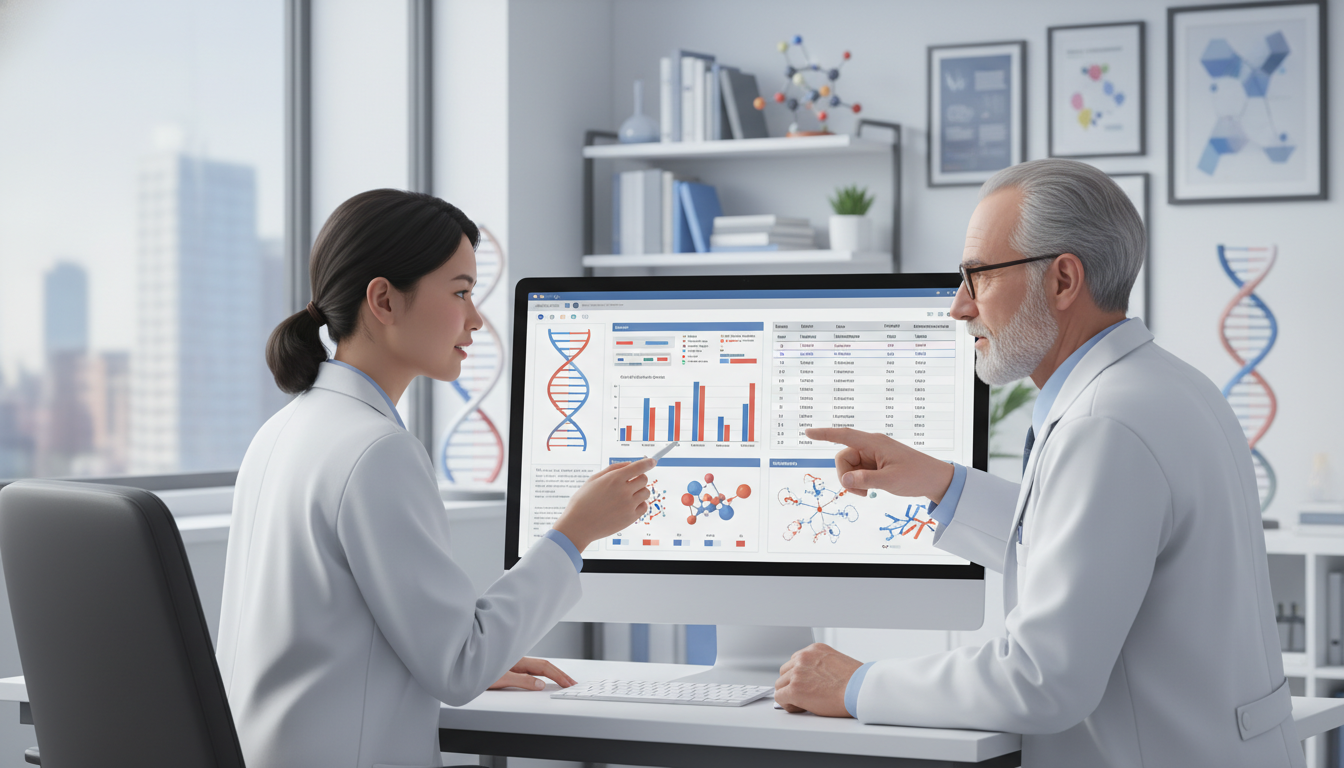 Medical genetics resident reviewing genomic data while meeting with a research mentor - medical genetics residency for Resear