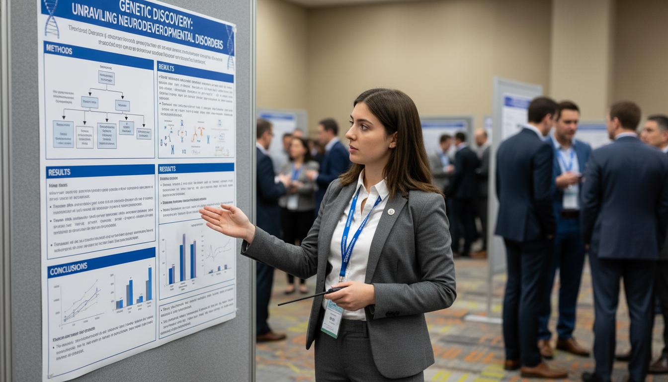 Medical genetics resident presenting research poster at a national conference - medical genetics residency for Research Durin