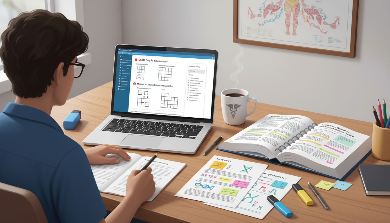 Medical student using question bank and review book for Step 1 genetics Medical student using question bank and review book for Step 1 genetics - medical genetics residency for USMLE Step 1 Prepara