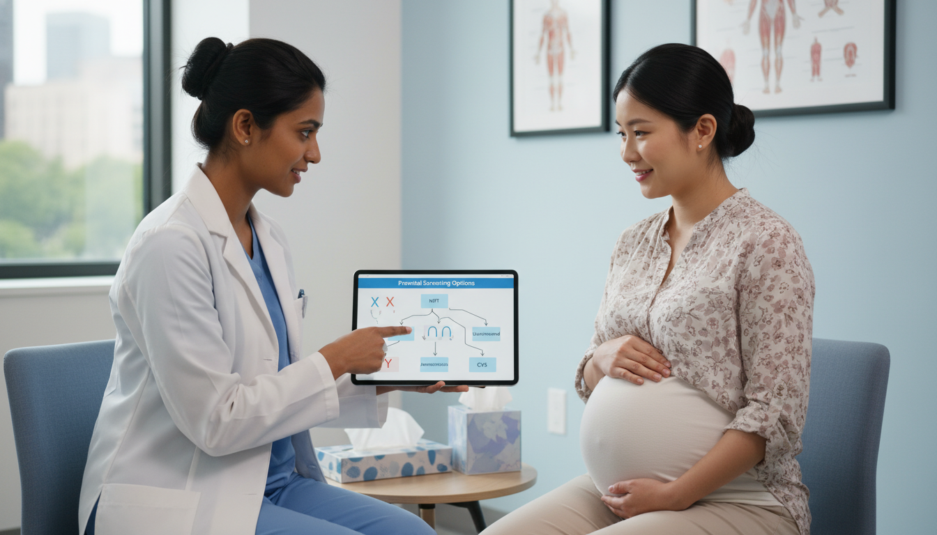 Resident counseling a pregnant patient about prenatal genetic testing options Resident counseling a pregnant patient about prenatal genetic testing options - medical genetics residency for USMLE Step 3 P