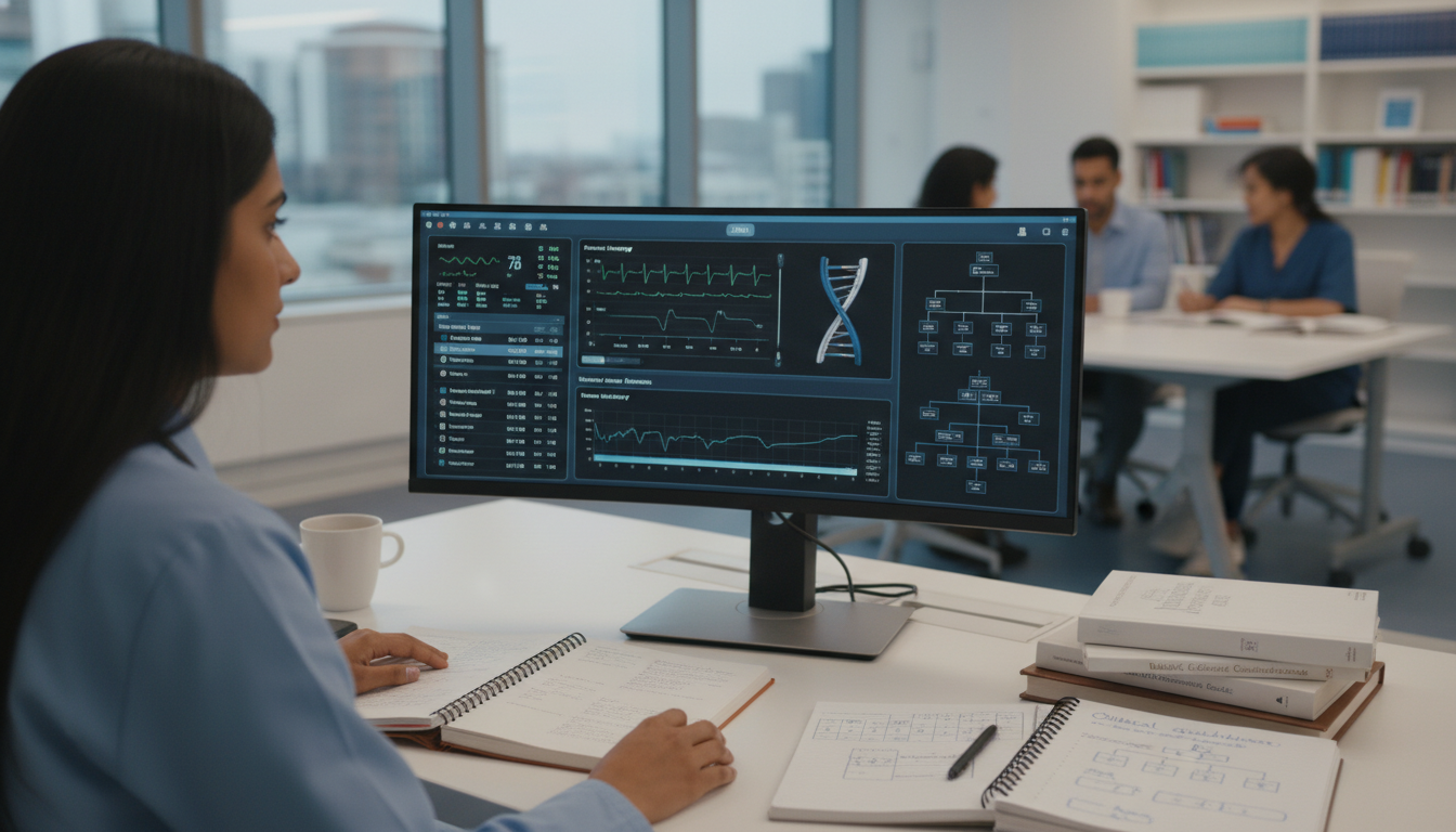 Resident practicing USMLE Step 3 clinical case simulations on a computer Resident practicing USMLE Step 3 clinical case simulations on a computer - medical genetics residency for USMLE Step 3 Prepar