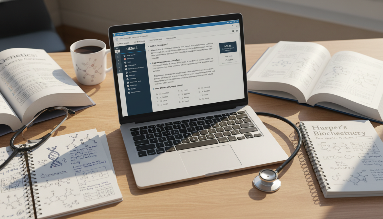 USMLE Step 2 CK preparation materials and genetics textbooks on a desk - medical genetics residency for Step Score Strategy i