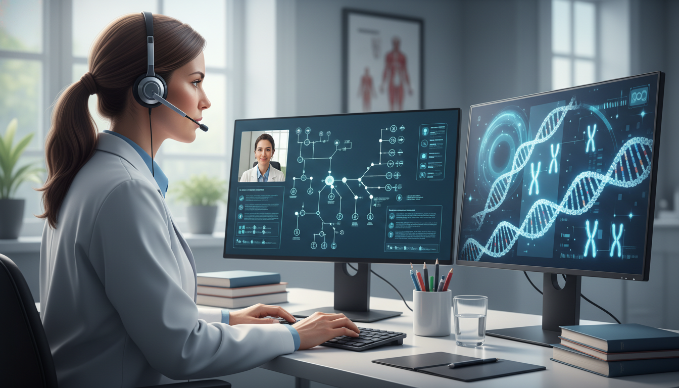 Medical geneticist conducting virtual family history and risk assessment Medical geneticist conducting virtual family history and risk assessment - medical genetics residency for Telemedicine Career