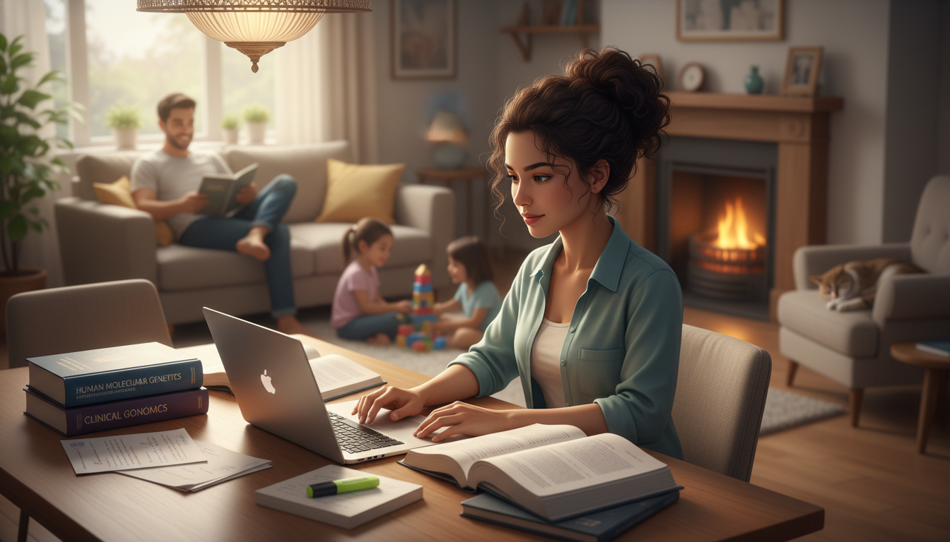 Medical genetics resident studying at home with family nearby Medical genetics resident studying at home with family nearby - medical genetics residency for Work-Life Balance Assessment i