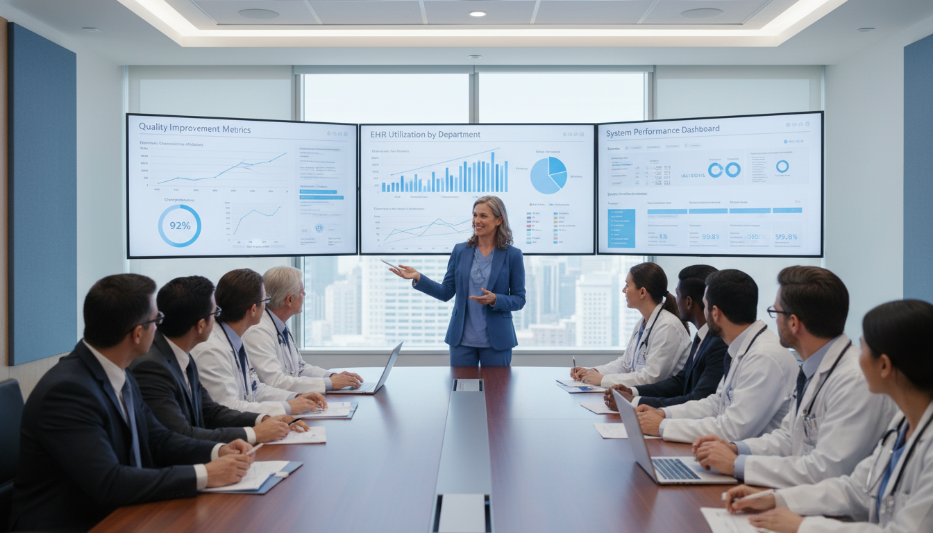 Clinical informaticist in boardroom presenting EHR optimization metrics Clinical informaticist in boardroom presenting EHR optimization metrics - clinical informatics fellowship for Academic vs Pri