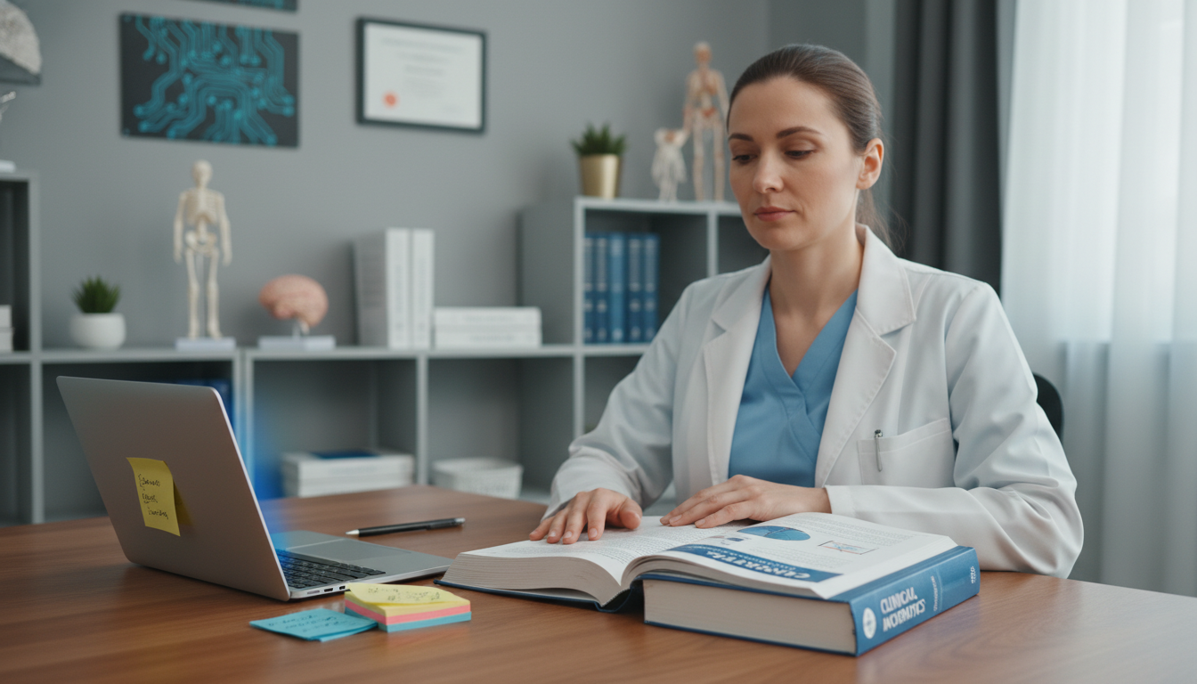 Physician annotating a clinical informatics textbook and digital notes Physician annotating a clinical informatics textbook and digital notes - clinical informatics fellowship for Board Exam Study