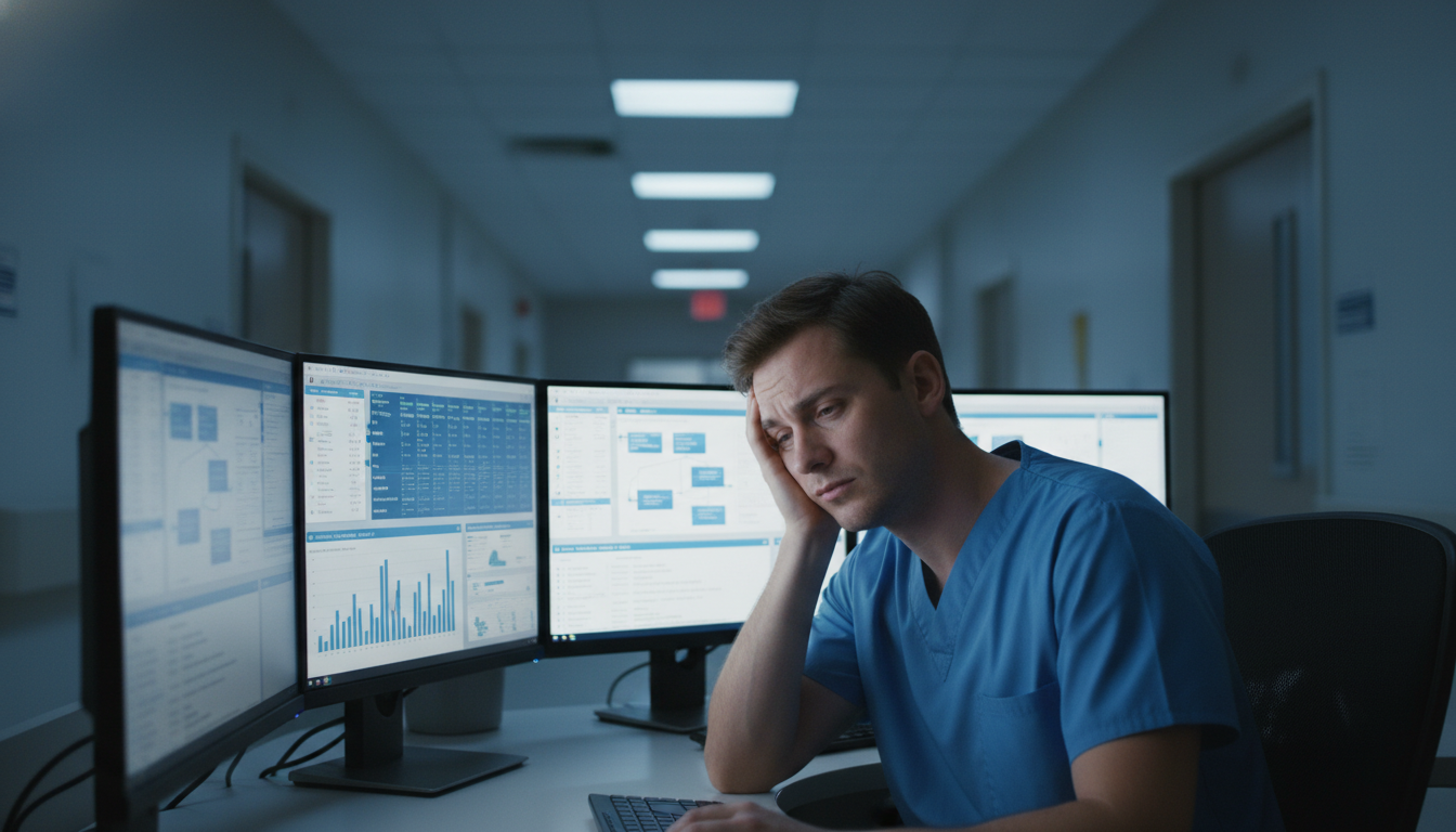 Resident physician experiencing burnout reviewing EHR data late at night - clinical informatics fellowship for Residency Burn