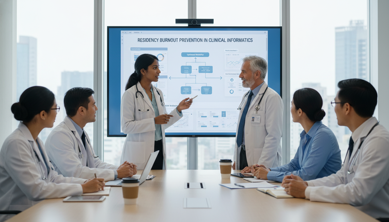 Resident physician collaborating with IT and clinical informatics team - clinical informatics fellowship for Residency Burnou