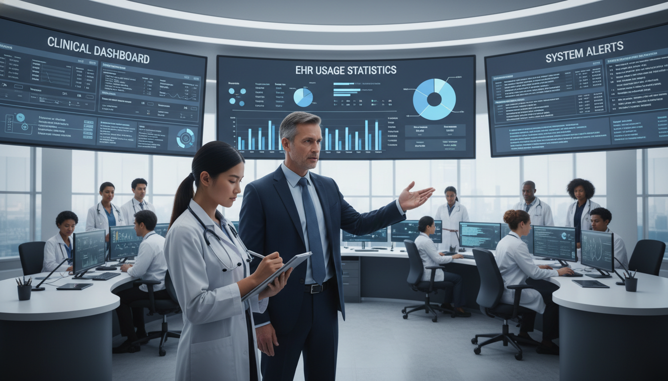 Medical student shadowing a clinical informatician in front of multiple EHR and data dashboards Medical student shadowing a clinical informatician in front of multiple EHR and data dashboards - clinical informatics fellow