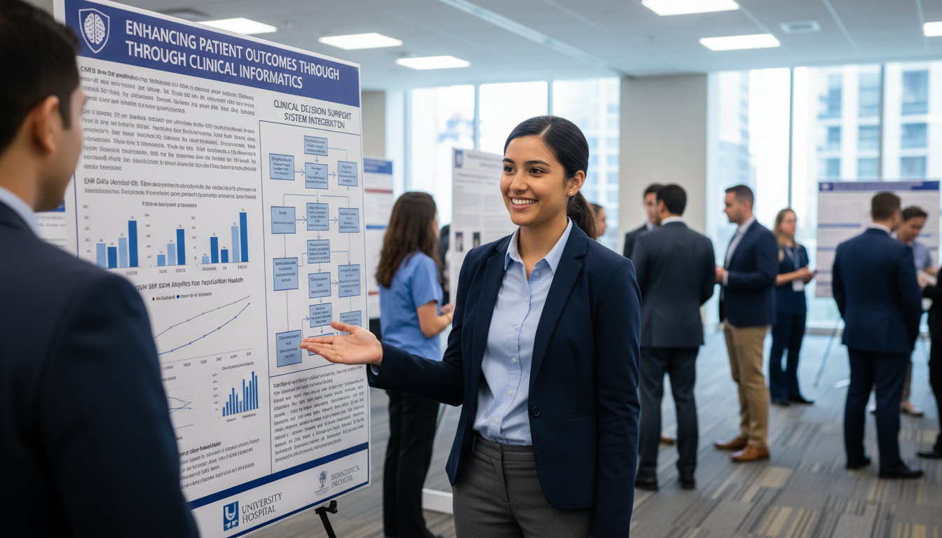 Medical trainee presenting clinical informatics research poster at conference Medical trainee presenting clinical informatics research poster at conference - clinical informatics fellowship for CV Buildi