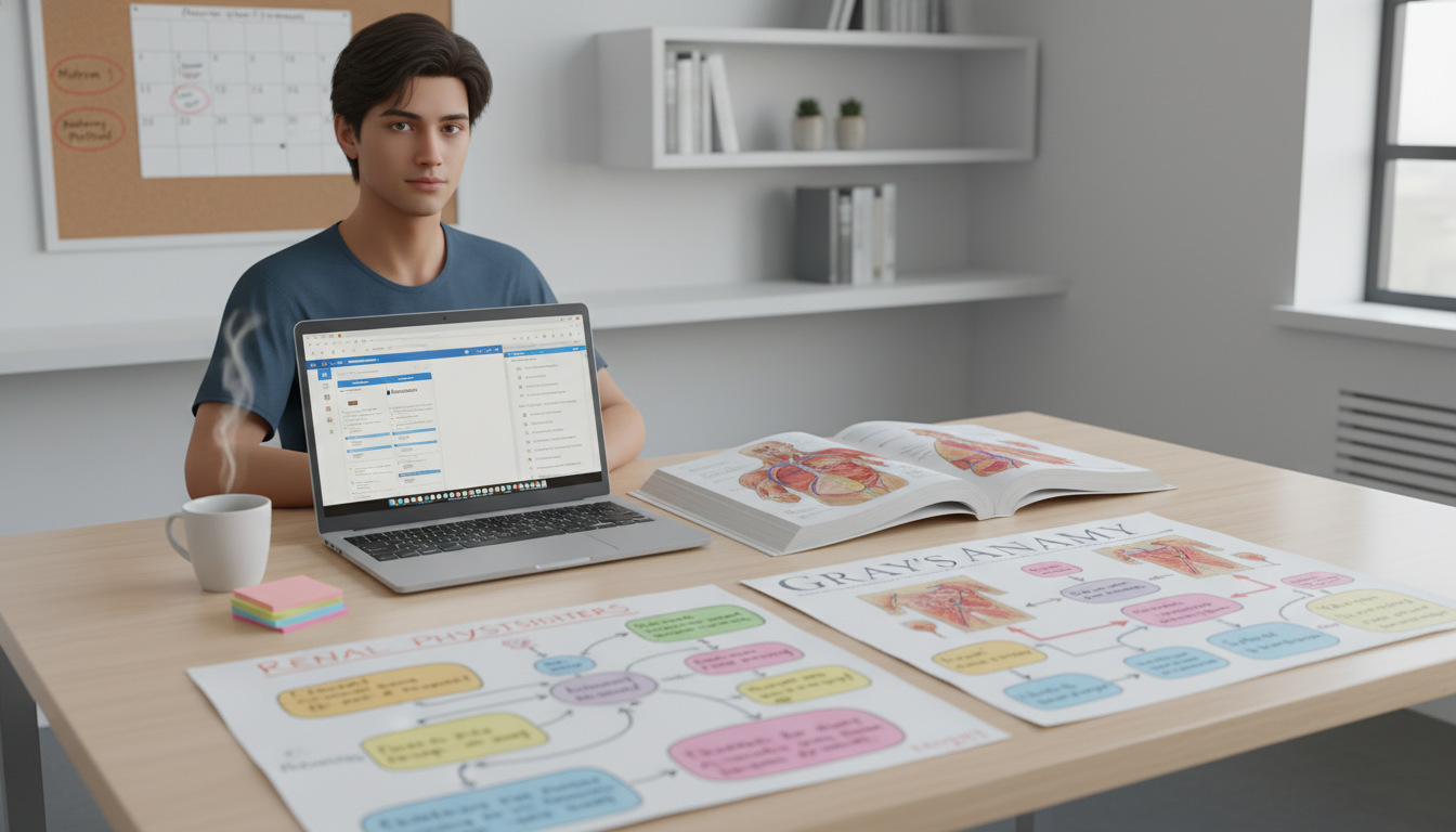 Medical student using digital and paper study tools - clinical informatics fellowship for Surviving First Year of Med School