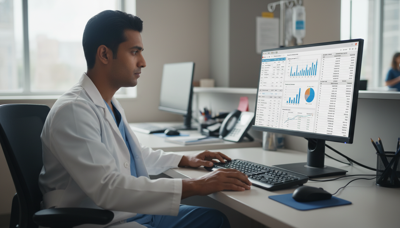 Resident physician studying clinical informatics concepts on a computer Resident physician studying clinical informatics concepts on a computer - clinical informatics fellowship for H-1B Sponsorshi