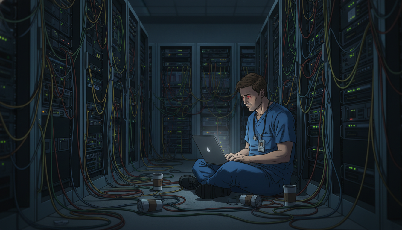 Clinical informatics fellow isolated in a server room, symbolizing toxic workload Clinical informatics fellow isolated in a server room, symbolizing toxic workload - clinical informatics fellowship for Ident