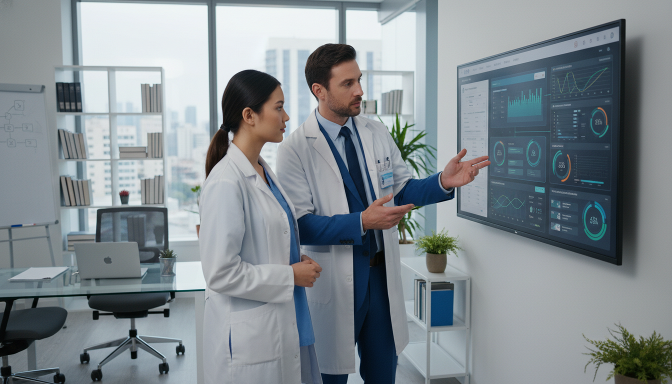 Medical trainee and clinical informatics physician reviewing EHR interface together Medical trainee and clinical informatics physician reviewing EHR interface together - clinical informatics fellowship for Med