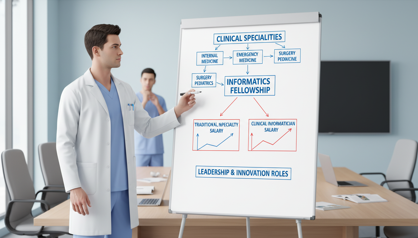 Resident physician mapping clinical and informatics salary pathways on whiteboard Resident physician mapping clinical and informatics salary pathways on whiteboard - clinical informatics fellowship for Physi