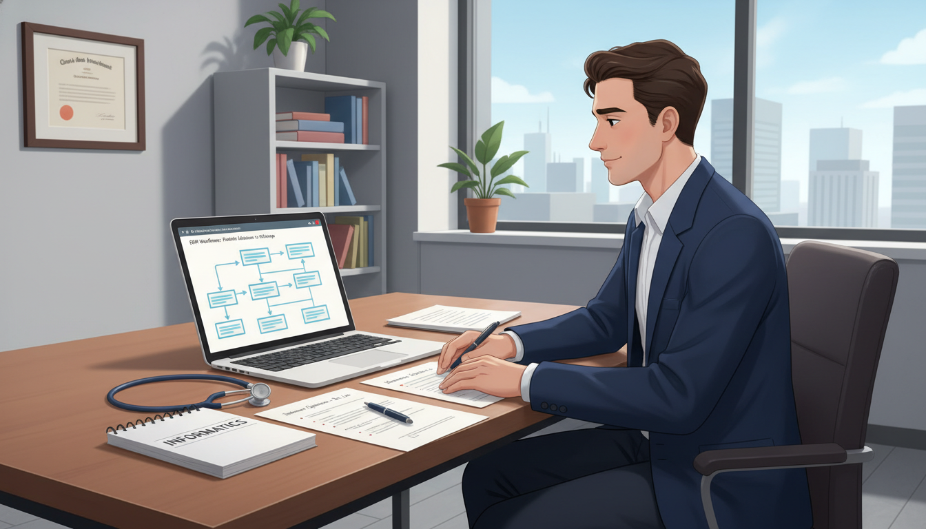 Clinical informatics fellow reviewing EHR workflow diagrams before interview - clinical informatics fellowship for Pre-Interv