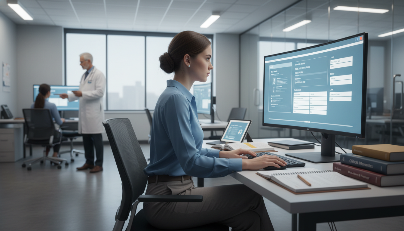 Pre-med student using electronic health record simulation in a teaching lab Pre-med student using electronic health record simulation in a teaching lab - clinical informatics fellowship for Pre-Med Pre