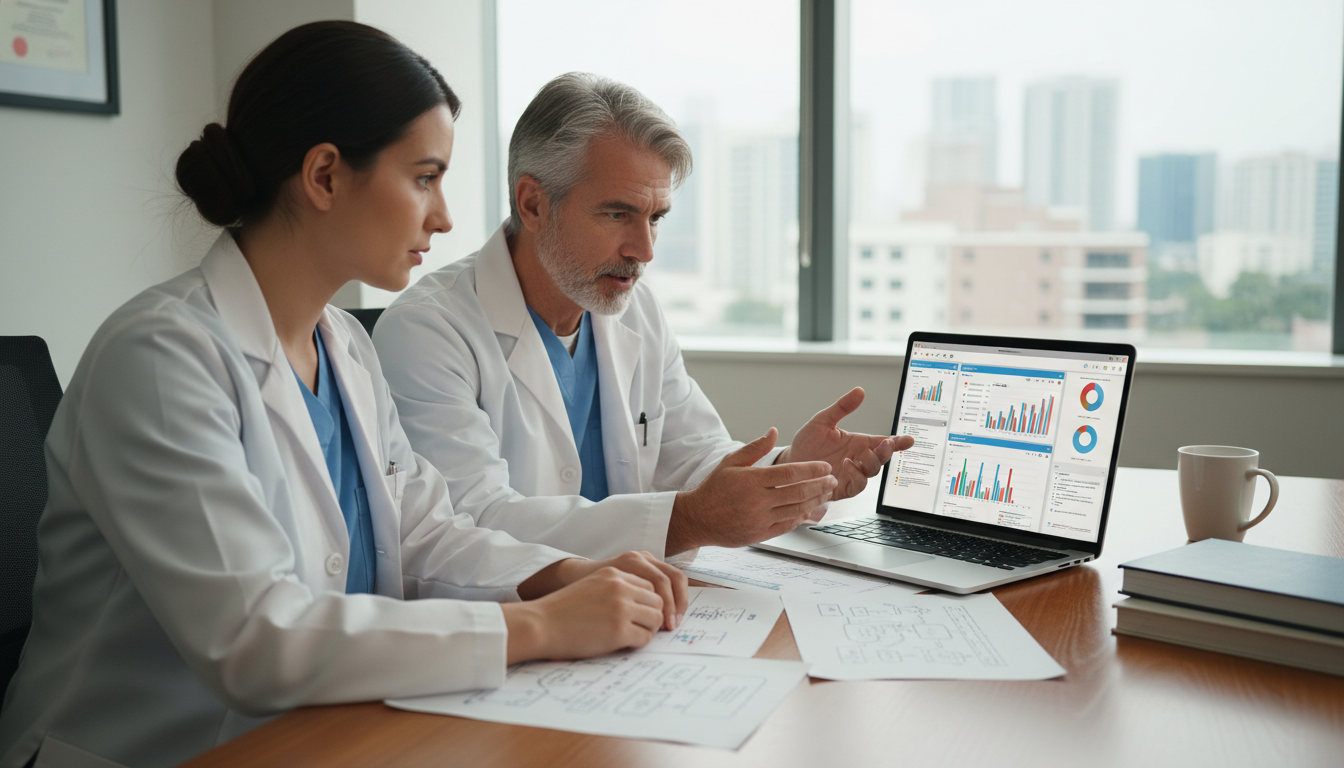 Clinical informatics fellow discussing projects with mentor in hospital office Clinical informatics fellow discussing projects with mentor in hospital office - clinical informatics fellowship for How to R