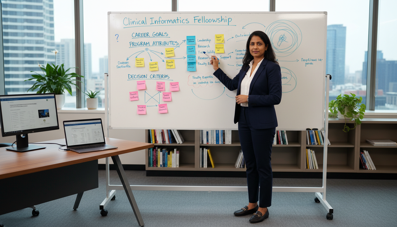 Clinical informatics fellow mapping career goals and program attributes on a whiteboard - clinical informatics fellowship for