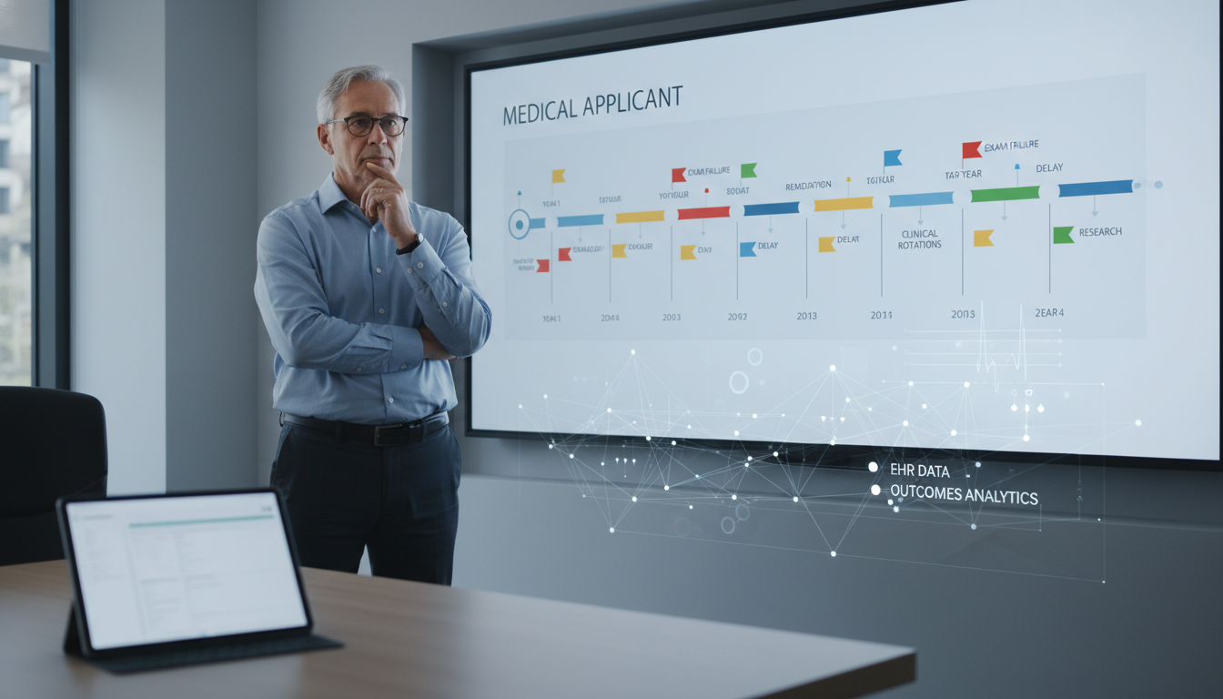 Clinical informatics program director reviewing an applicant’s timeline with gaps and red flags on a digital dashboard Clinical informatics program director reviewing an applicant’s timeline with gaps and red flags on a digital dashboard - clin
