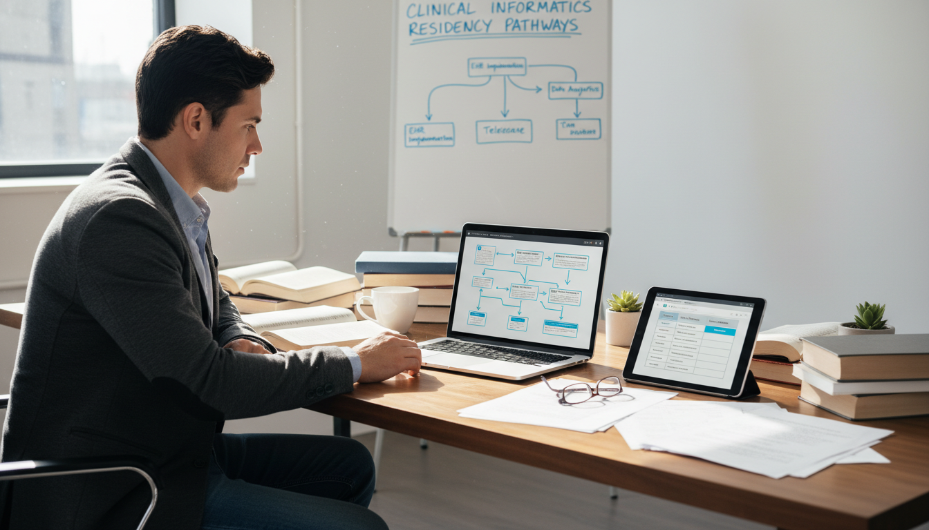 Medical resident researching informatics programs and SOAP strategy on a laptop - clinical informatics fellowship for SOAP Pr