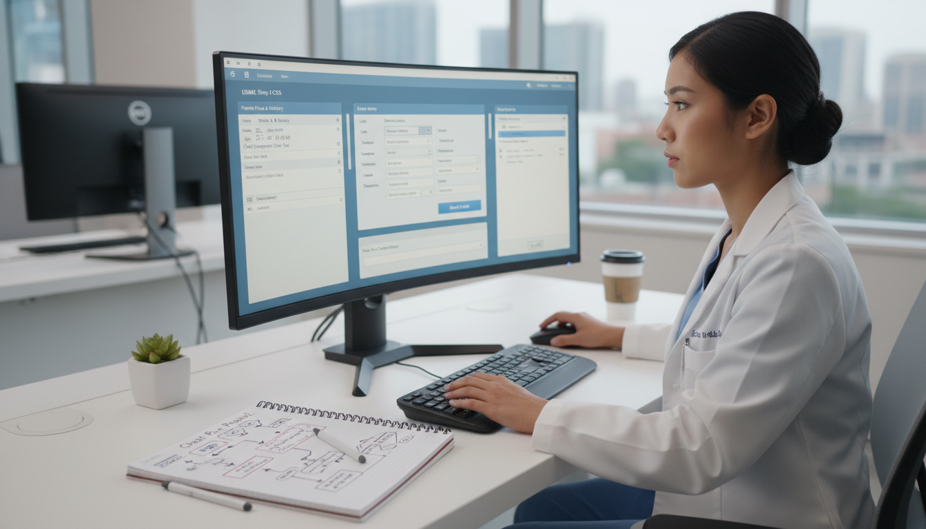 Medical resident practicing Step 3 CCS cases on a computer Medical resident practicing Step 3 CCS cases on a computer - clinical informatics fellowship for USMLE Step 3 Preparation in