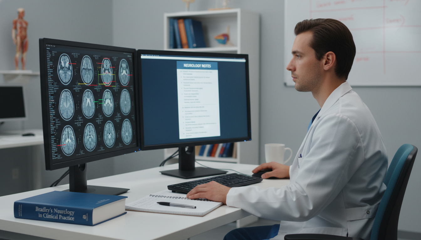 Medical student reviewing neurology notes and MRI images in a hospital workspace Medical student reviewing neurology notes and MRI images in a hospital workspace - neurology residency for Away Rotation Stra