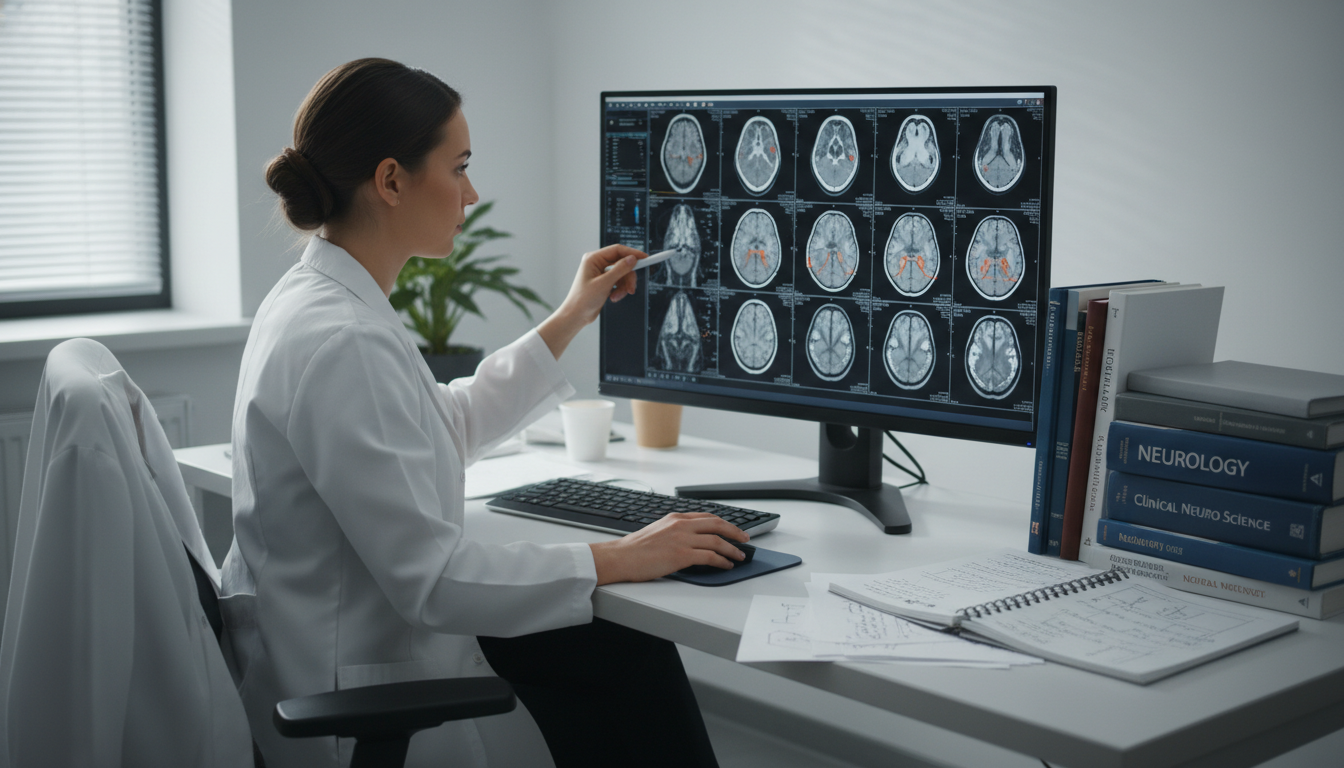 Neurology resident reviewing brain MRI scans on a computer Neurology resident reviewing brain MRI scans on a computer - neurology residency for Board Exam Study Resources in Neurology: